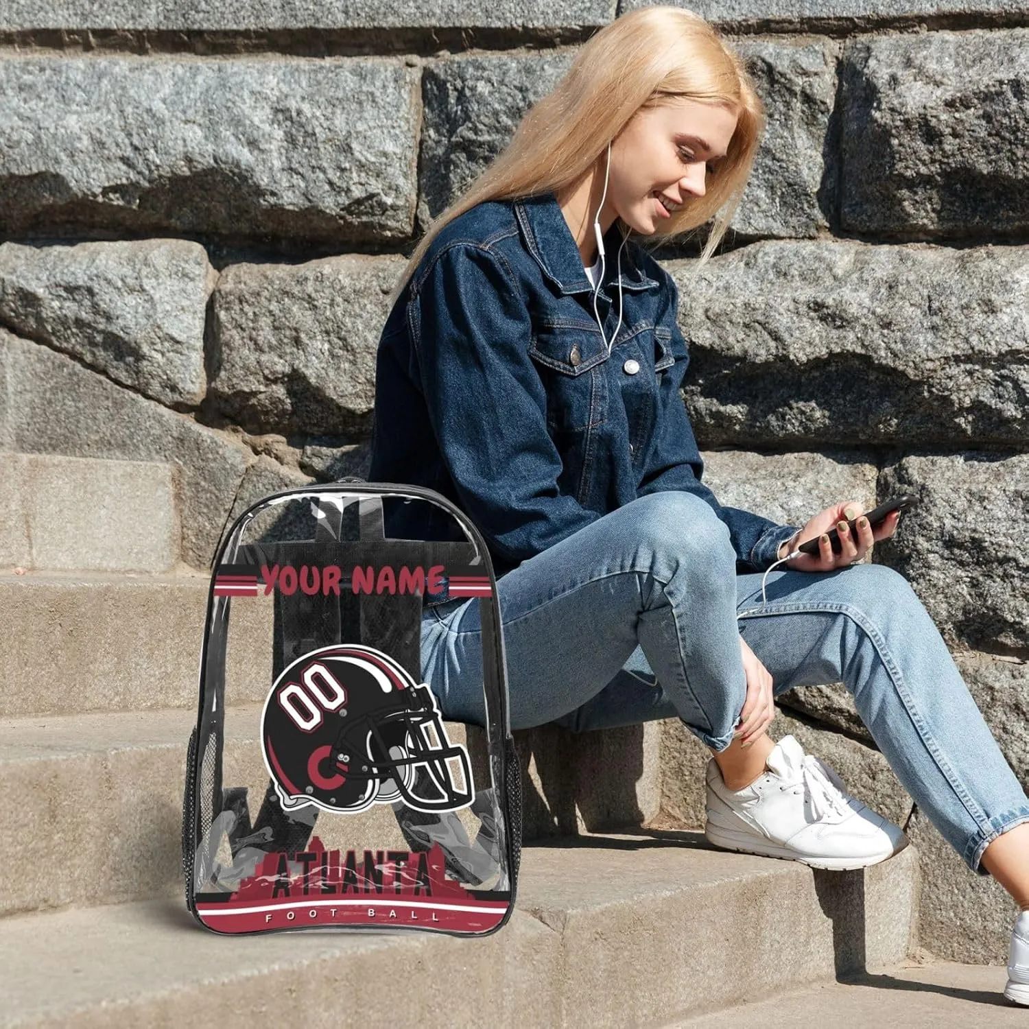 Custom Atlanta Backpack Personalized Clear Backpack With Name And Number，Large Capacity Transparent Laptop Bag Football Style Casual Daypack Gifts For Men Women Fans