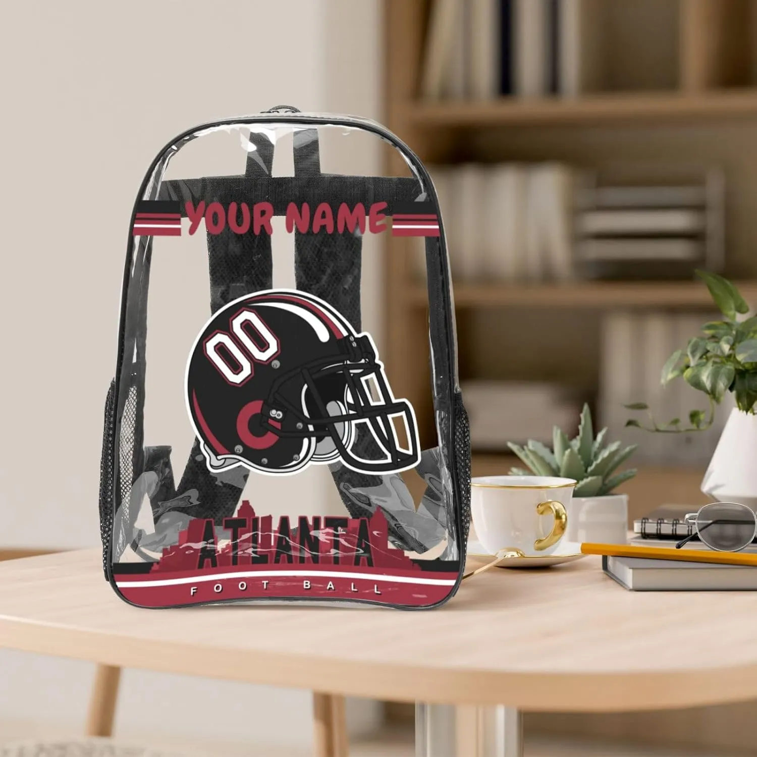 Custom Atlanta Backpack Personalized Clear Backpack With Name And Number，Large Capacity Transparent Laptop Bag Football Style Casual Daypack Gifts For Men Women Fans