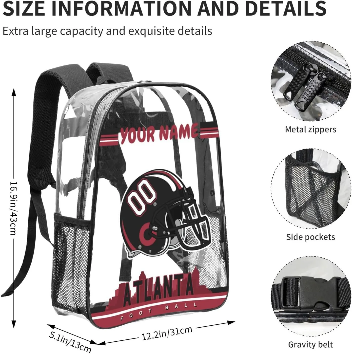 Custom Atlanta Backpack Personalized Clear Backpack With Name And Number，Large Capacity Transparent Laptop Bag Football Style Casual Daypack Gifts For Men Women Fans