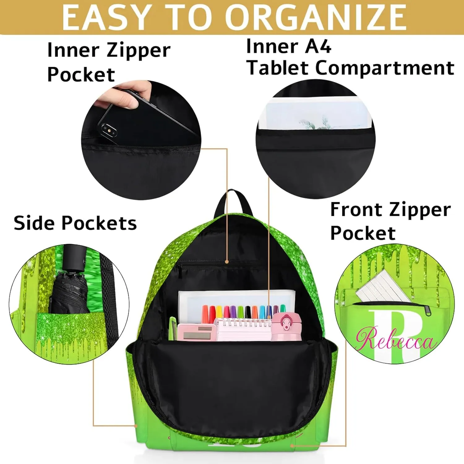 Custom Backpack with Initial & Name Personalized Shoulder Bag for Women Men Waterproof Travel Casual Backpack 15.1in, Grass Green