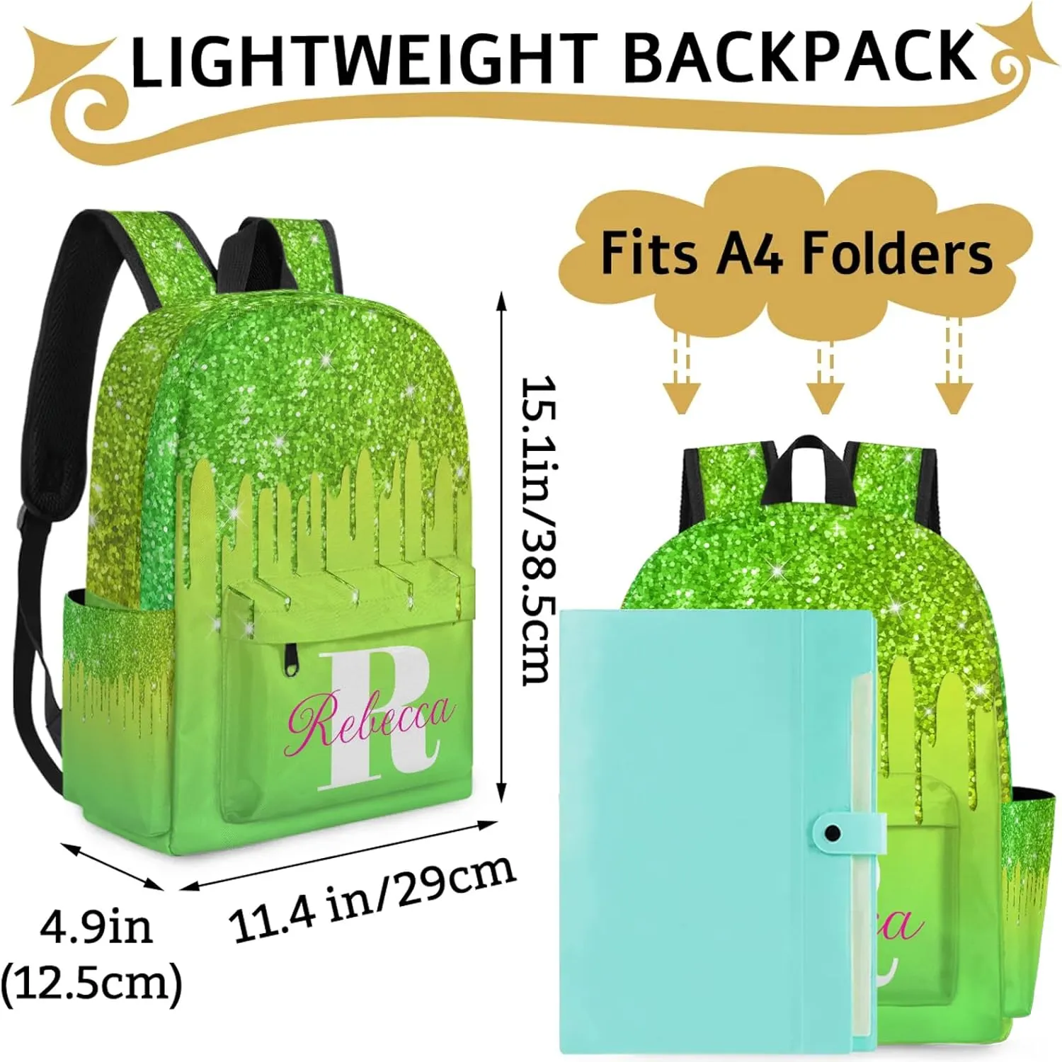 Custom Backpack with Initial & Name Personalized Shoulder Bag for Women Men Waterproof Travel Casual Backpack 15.1in, Grass Green