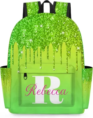 Custom Backpack with Initial & Name Personalized Shoulder Bag for Women Men Waterproof Travel Casual Backpack 15.1in, Grass Green