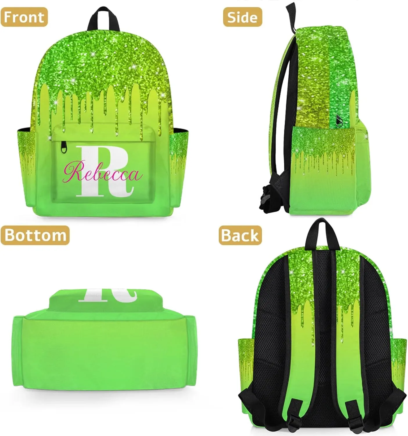 Custom Backpack with Initial & Name Personalized Shoulder Bag for Women Men Waterproof Travel Casual Backpack 15.1in, Grass Green