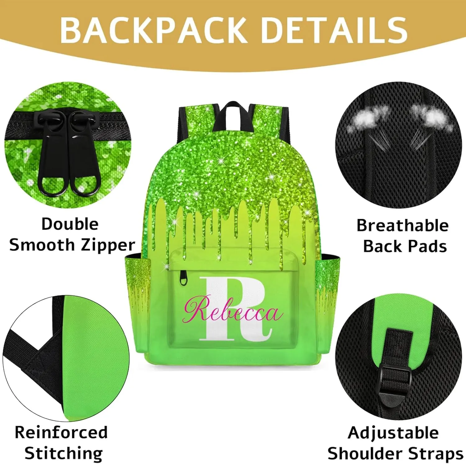 Custom Backpack with Initial & Name Personalized Shoulder Bag for Women Men Waterproof Travel Casual Backpack 15.1in, Grass Green