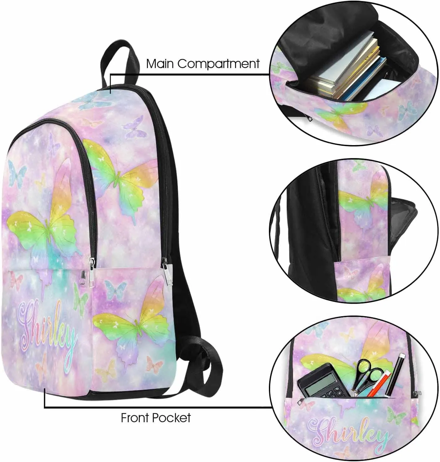 Custom Backpack with Name Purple Watercolor Background Butterfly Personalized Name School Backpack for Boys Girls, Customized Student Bookbag for Travel, Work and School Birthday School Season Gift