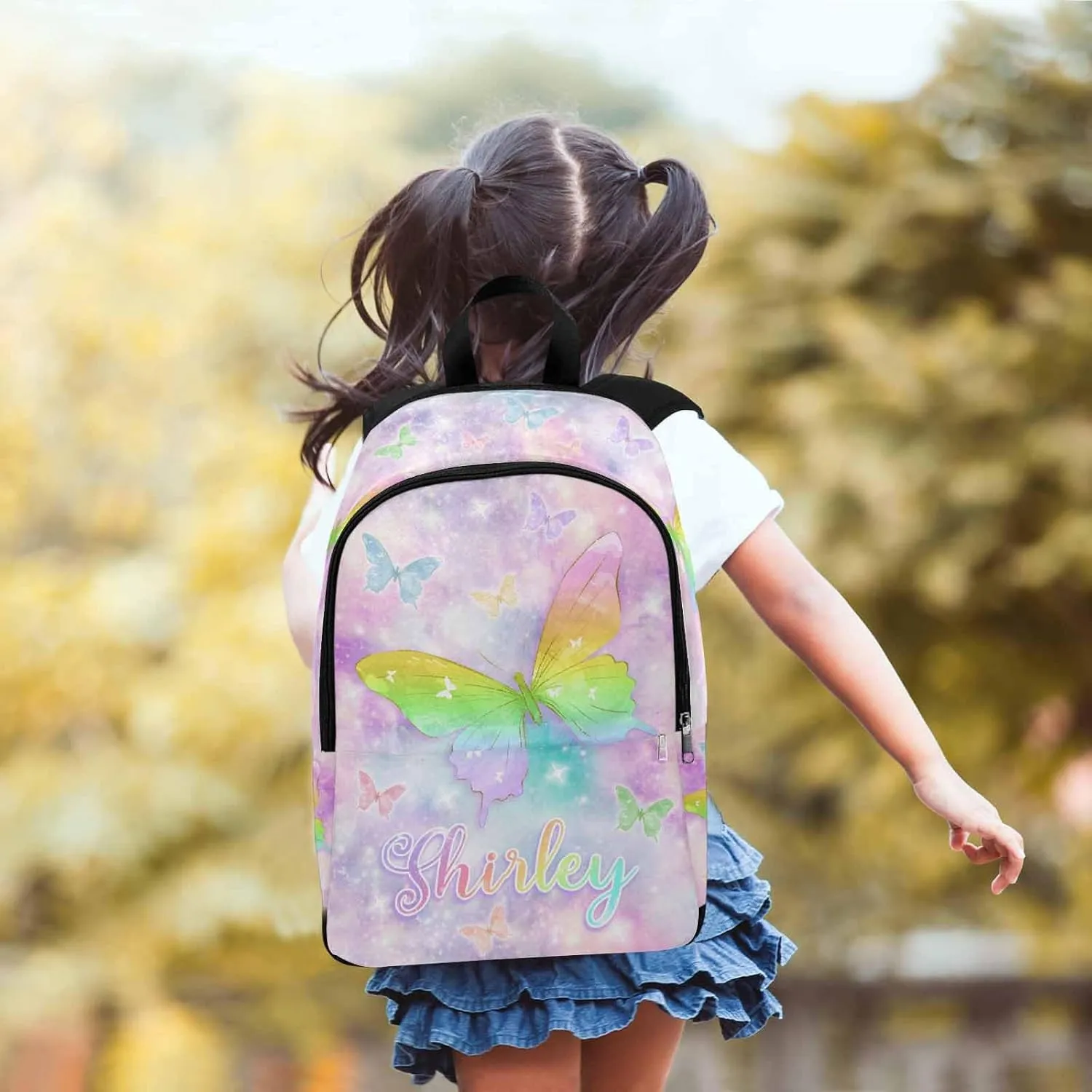 Custom Backpack with Name Purple Watercolor Background Butterfly Personalized Name School Backpack for Boys Girls, Customized Student Bookbag for Travel, Work and School Birthday School Season Gift