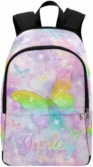 Custom Backpack with Name Purple Watercolor Background Butterfly Personalized Name School Backpack for Boys Girls, Customized Student Bookbag for Travel, Work and School Birthday School Season Gift