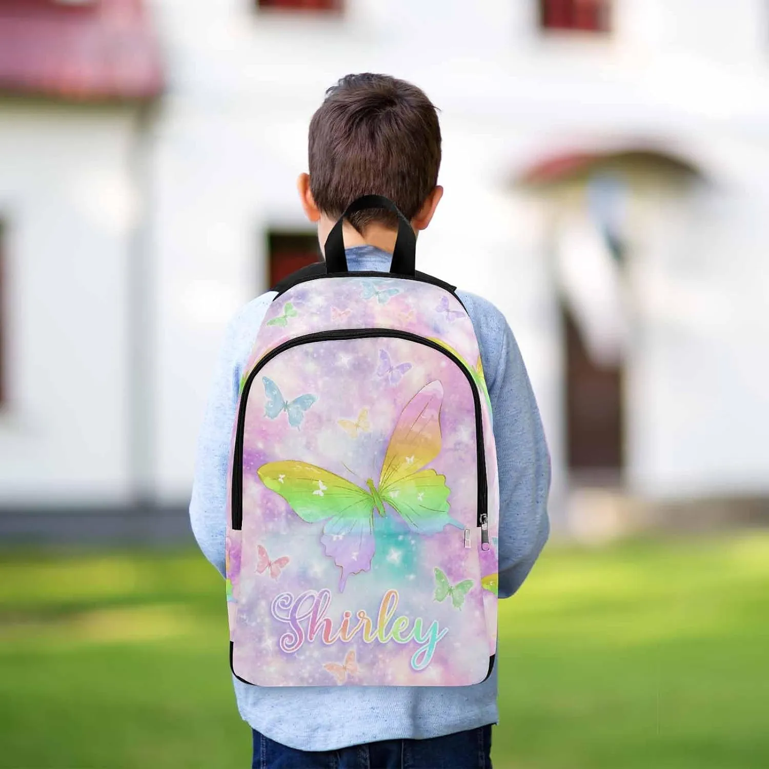 Custom Backpack with Name Purple Watercolor Background Butterfly Personalized Name School Backpack for Boys Girls, Customized Student Bookbag for Travel, Work and School Birthday School Season Gift