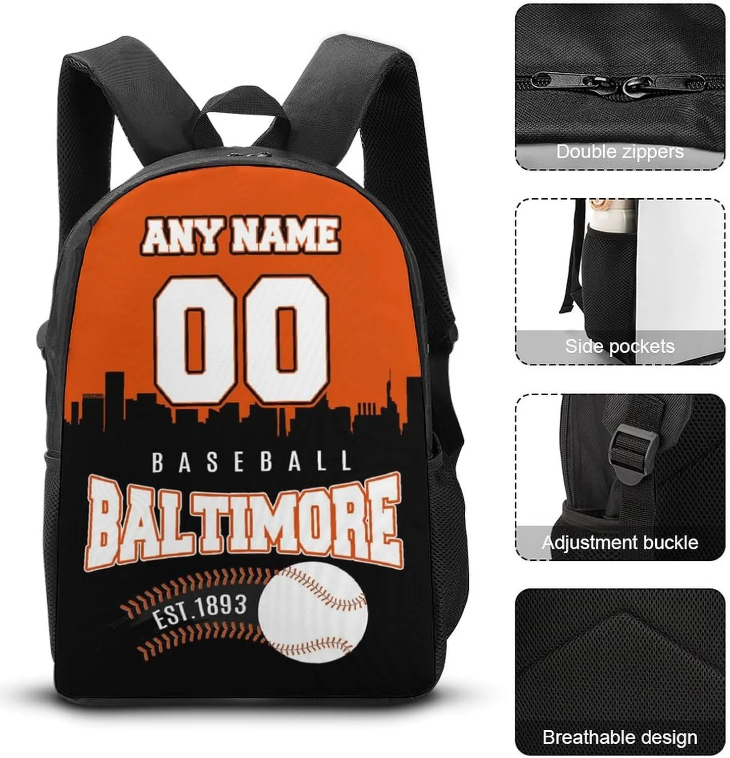 Custom Baltimore Backpack 3PCS 17 Inch Baseball Laptop Bag Lunch Bag Pencil Case Gifts for Boy Girl Men Women