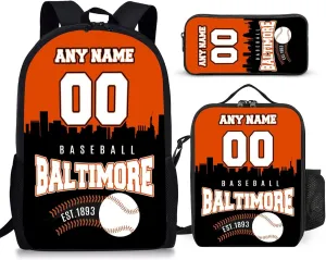 Custom Baltimore Backpack 3PCS 17 Inch Baseball Laptop Bag Lunch Bag Pencil Case Gifts for Boy Girl Men Women