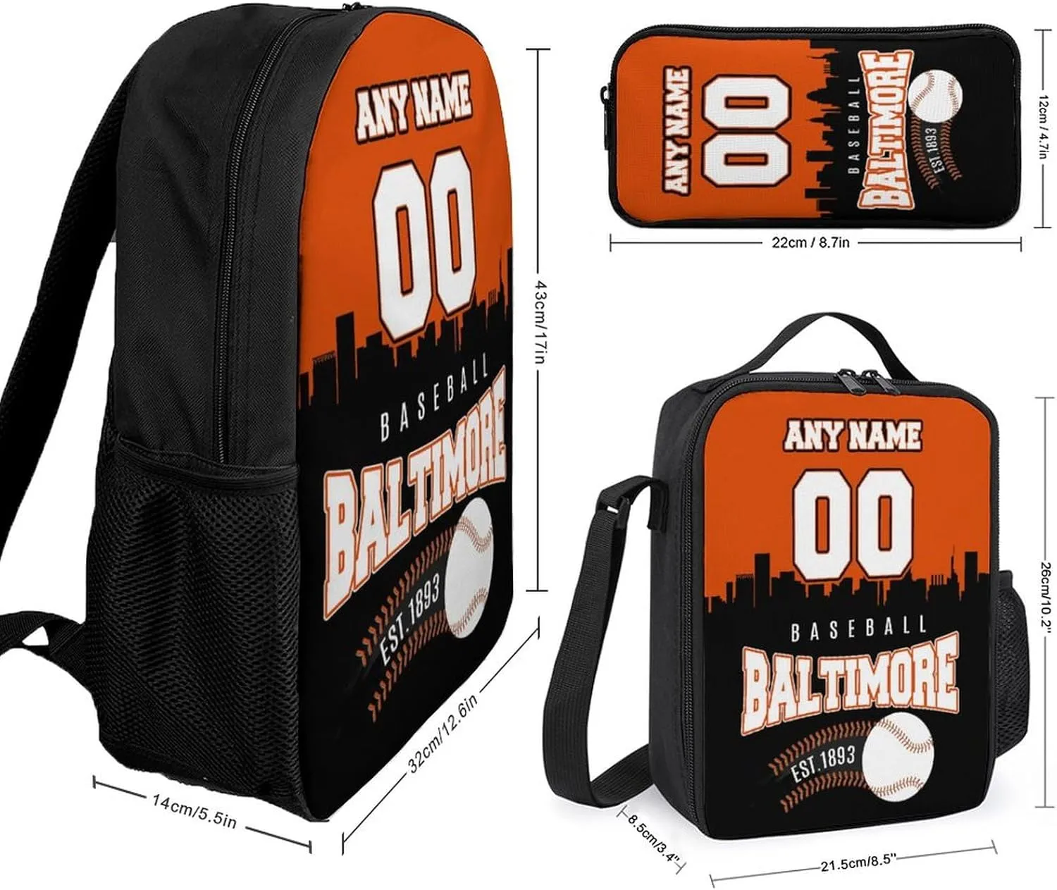 Custom Baltimore Backpack 3PCS 17 Inch Baseball Laptop Bag Lunch Bag Pencil Case Gifts for Boy Girl Men Women