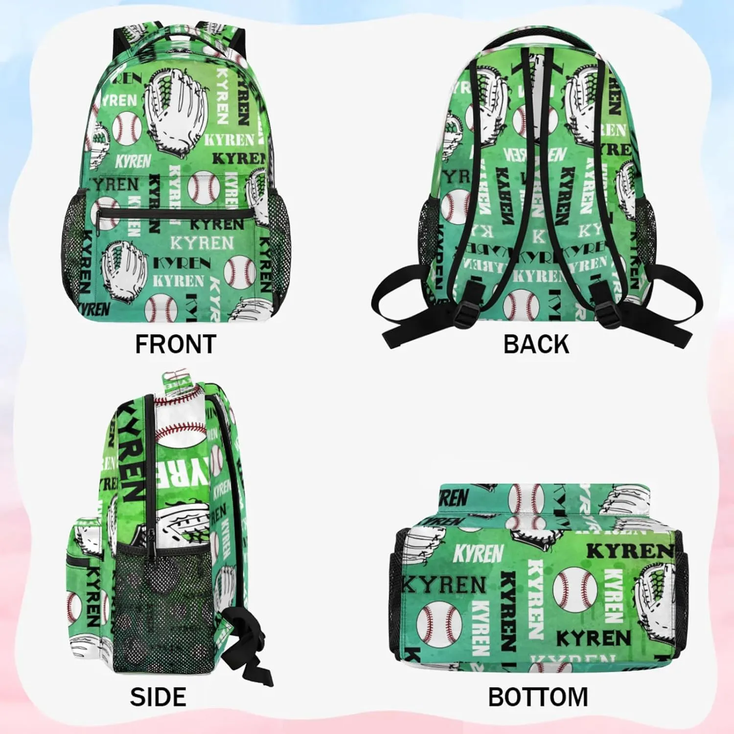 Custom Baseball Backpack for Men Women, Personalized Name Laptop Backpack, Sports Bag Lightweight Daypack for Travel Camping, Dark Green
