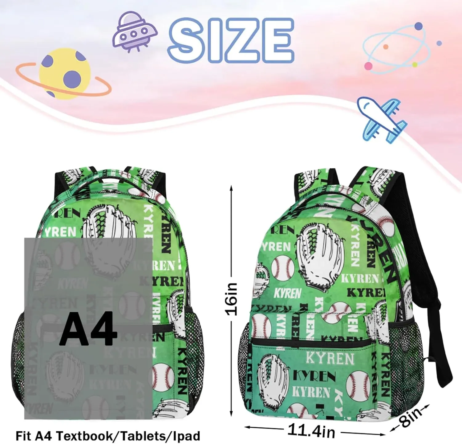Custom Baseball Backpack for Men Women, Personalized Name Laptop Backpack, Sports Bag Lightweight Daypack for Travel Camping, Dark Green