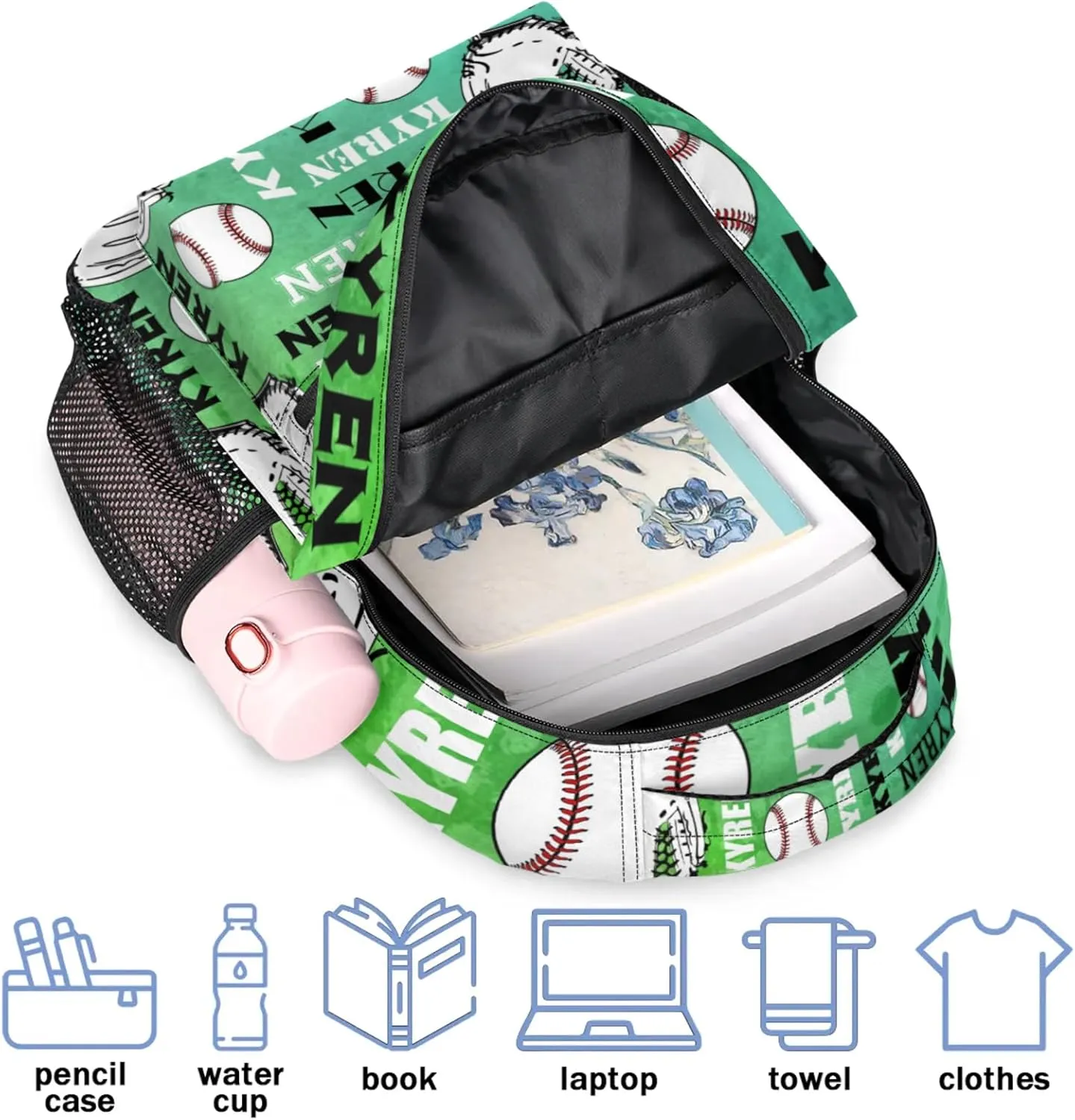 Custom Baseball Backpack for Men Women, Personalized Name Laptop Backpack, Sports Bag Lightweight Daypack for Travel Camping, Dark Green