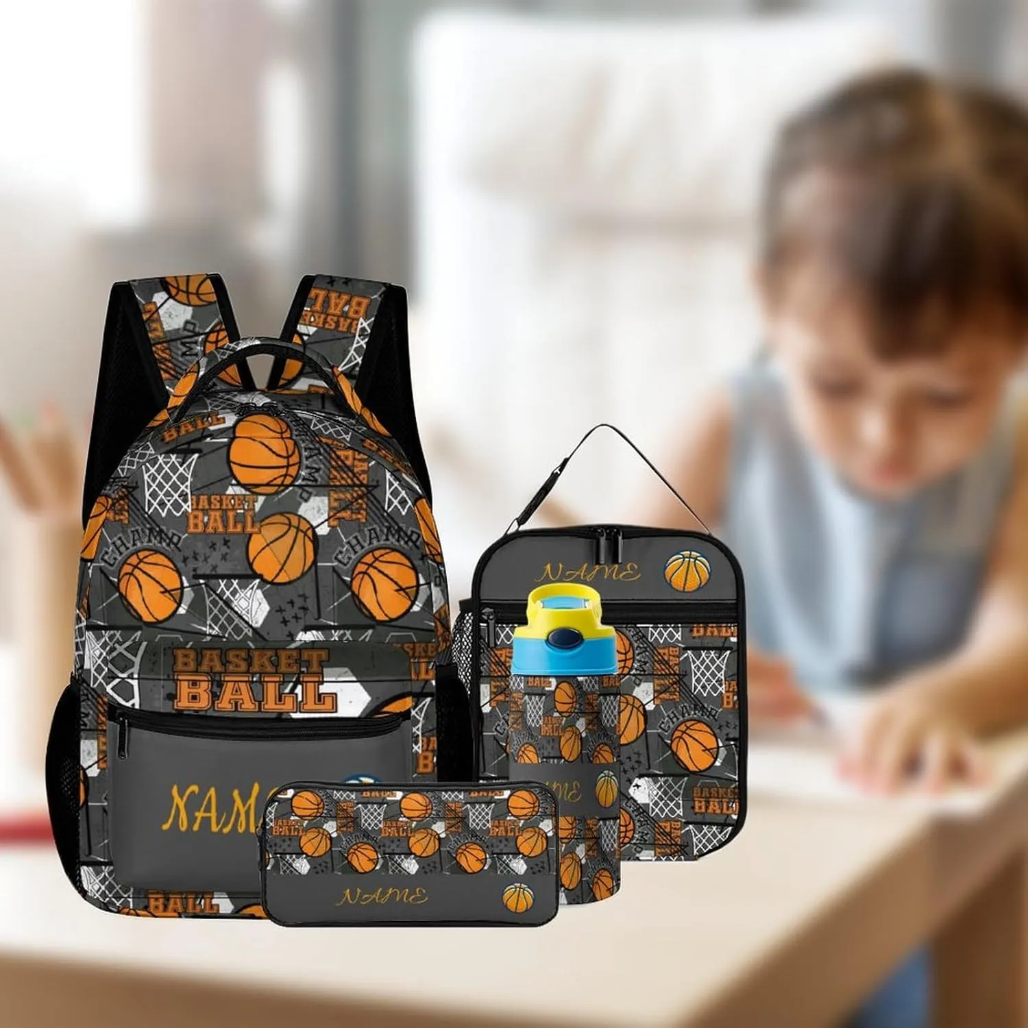 Custom Basketball Kids Backpack for Girls Boys Personalized Add Your Name 4Pcs School Bag with Lunch Bag Pencil Bag Water Bottle Customization Backpack Set