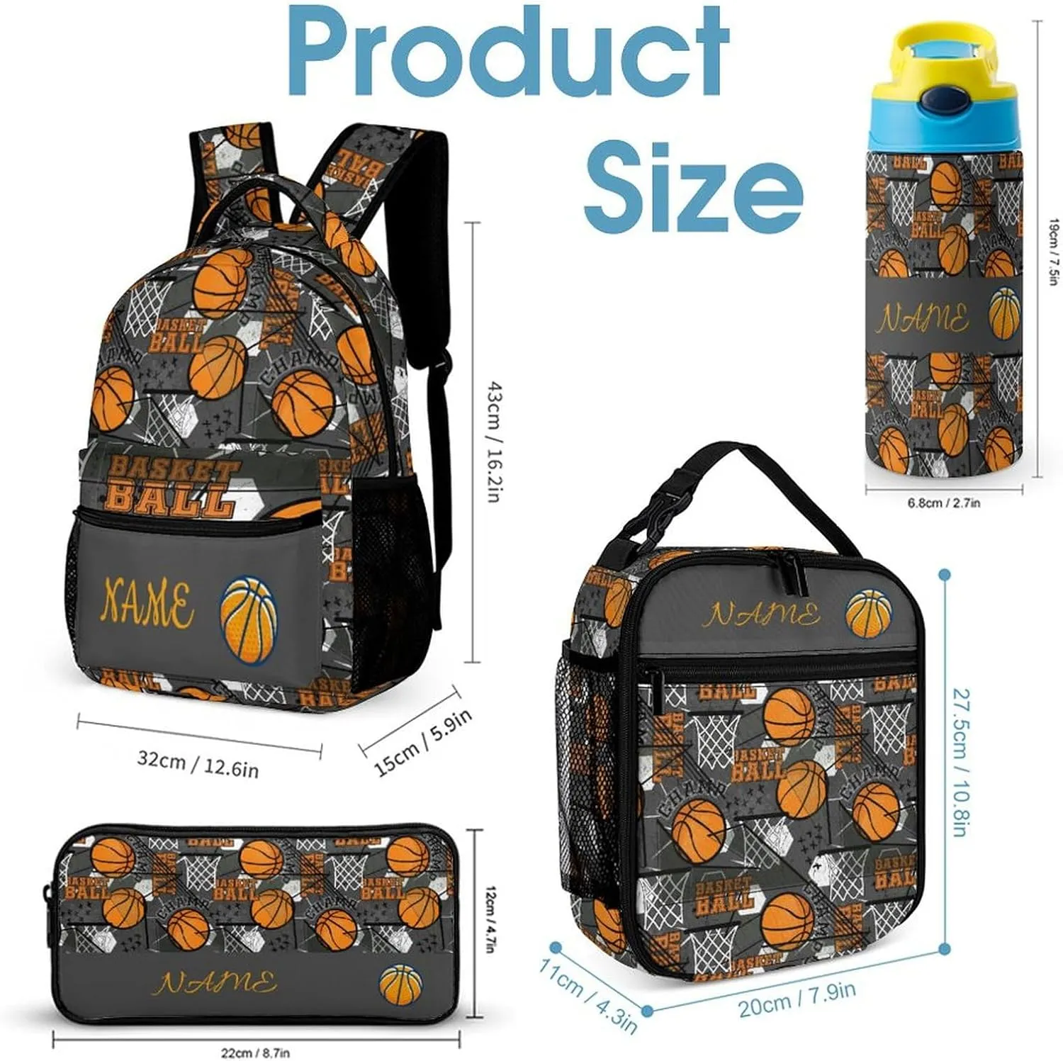 Custom Basketball Kids Backpack for Girls Boys Personalized Add Your Name 4Pcs School Bag with Lunch Bag Pencil Bag Water Bottle Customization Backpack Set
