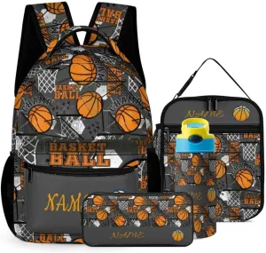 Custom Basketball Kids Backpack for Girls Boys Personalized Add Your Name 4Pcs School Bag with Lunch Bag Pencil Bag Water Bottle Customization Backpack Set