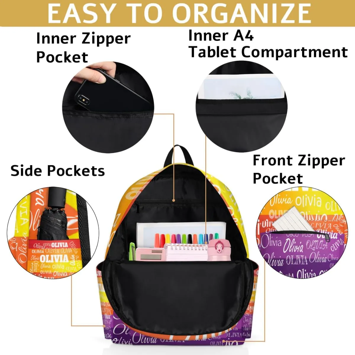 Custom Bookbag with Name for Elementary Kids Girls Boys, Personalized School Backpack Customized Book Bag Yellow Orange Purple Stripes