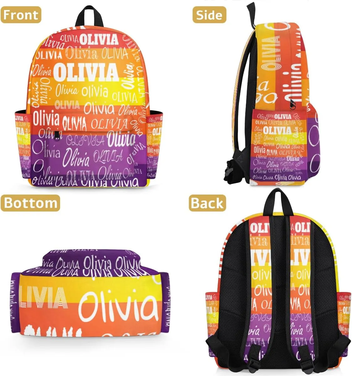 Custom Bookbag with Name for Elementary Kids Girls Boys, Personalized School Backpack Customized Book Bag Yellow Orange Purple Stripes