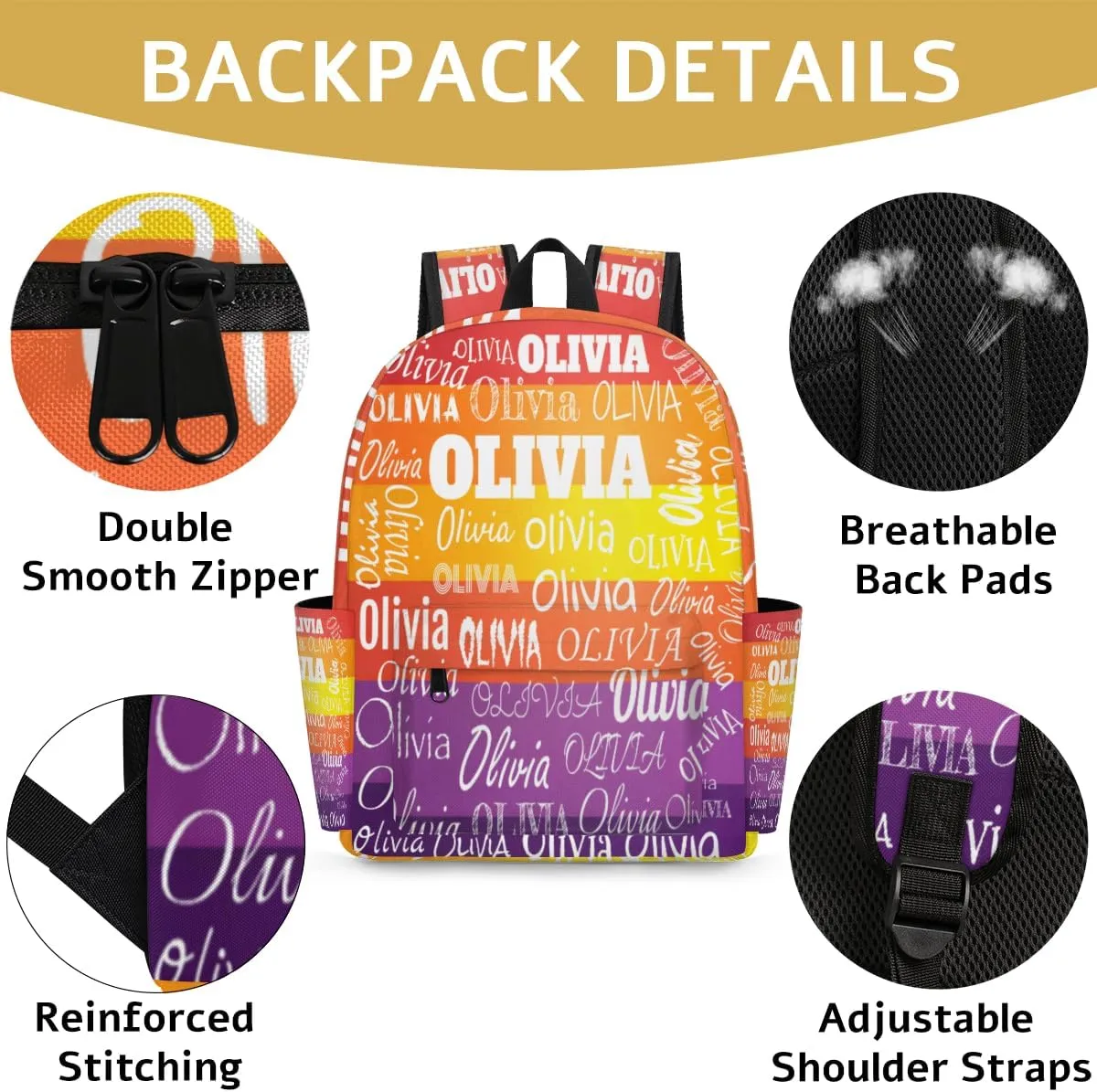 Custom Bookbag with Name for Elementary Kids Girls Boys, Personalized School Backpack Customized Book Bag Yellow Orange Purple Stripes