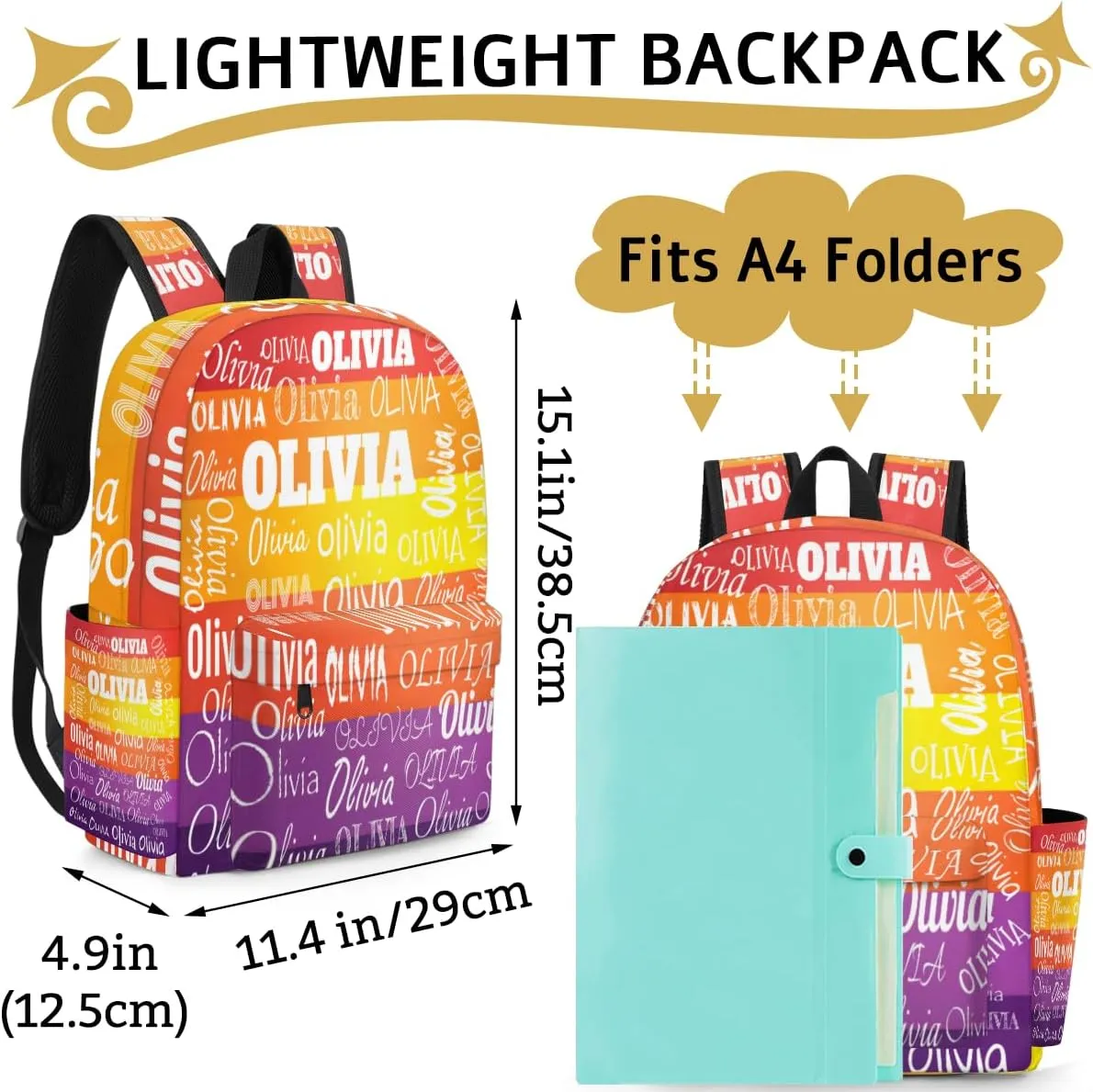 Custom Bookbag with Name for Elementary Kids Girls Boys, Personalized School Backpack Customized Book Bag Yellow Orange Purple Stripes