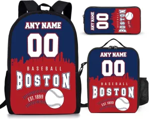 Custom Boston Backpack 3PCS 17 Inch Baseball Laptop Bag Lunch Bag Pencil Case Gifts for Boy Girl Men Women