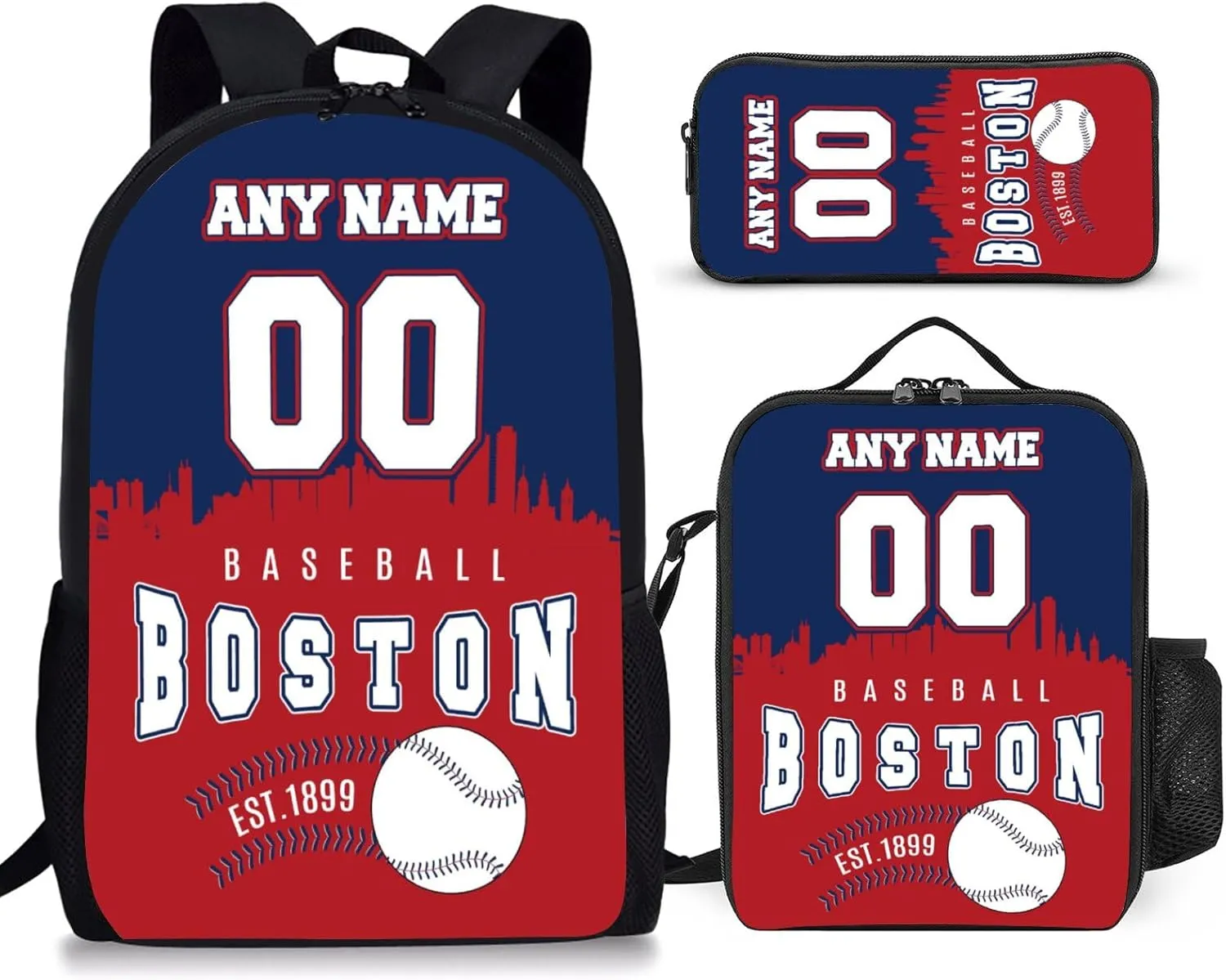 Custom Boston Backpack 3PCS 17 Inch Baseball Laptop Bag Lunch Bag Pencil Case Gifts for Boy Girl Men Women