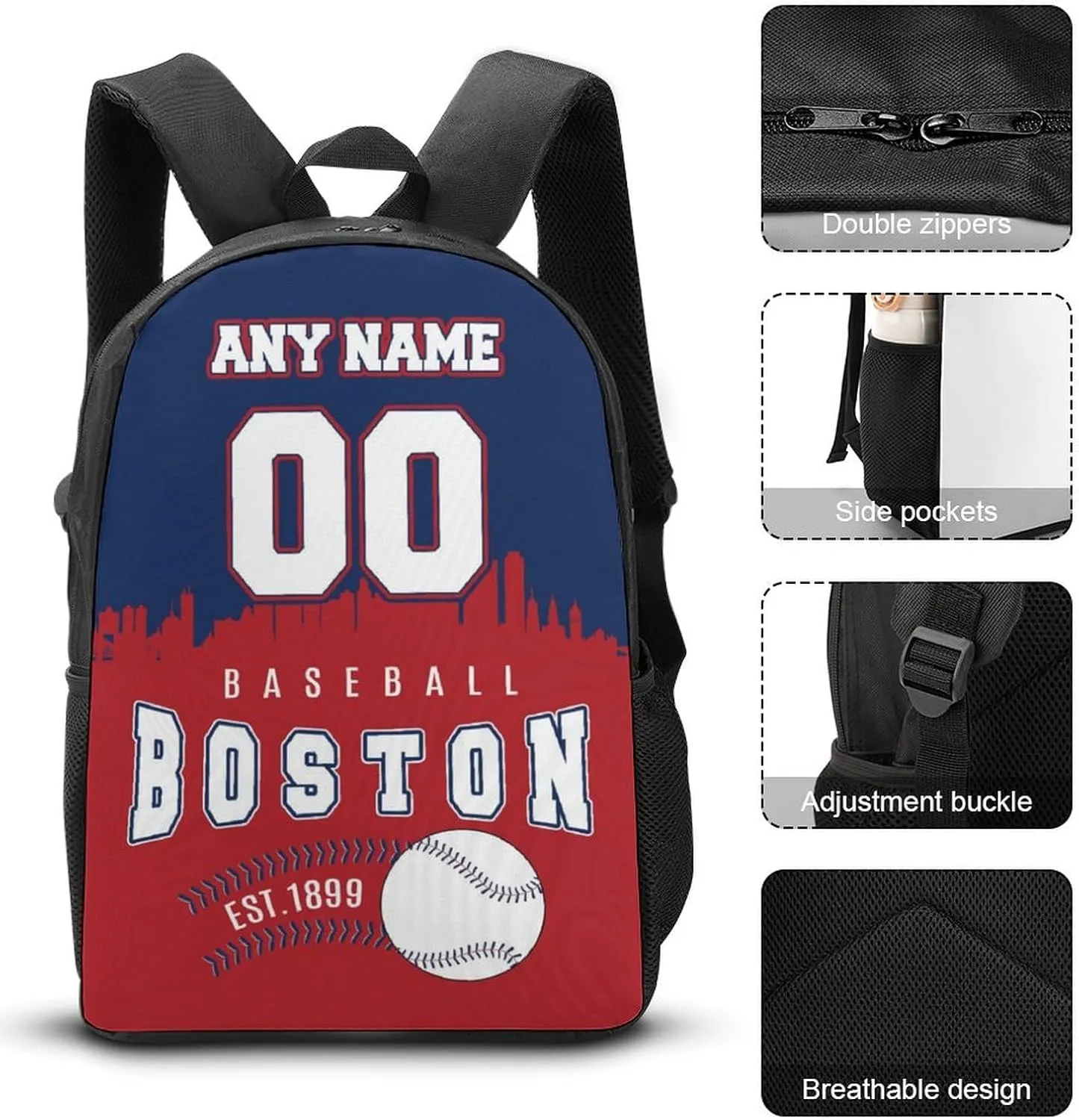 Custom Boston Backpack 3PCS 17 Inch Baseball Laptop Bag Lunch Bag Pencil Case Gifts for Boy Girl Men Women