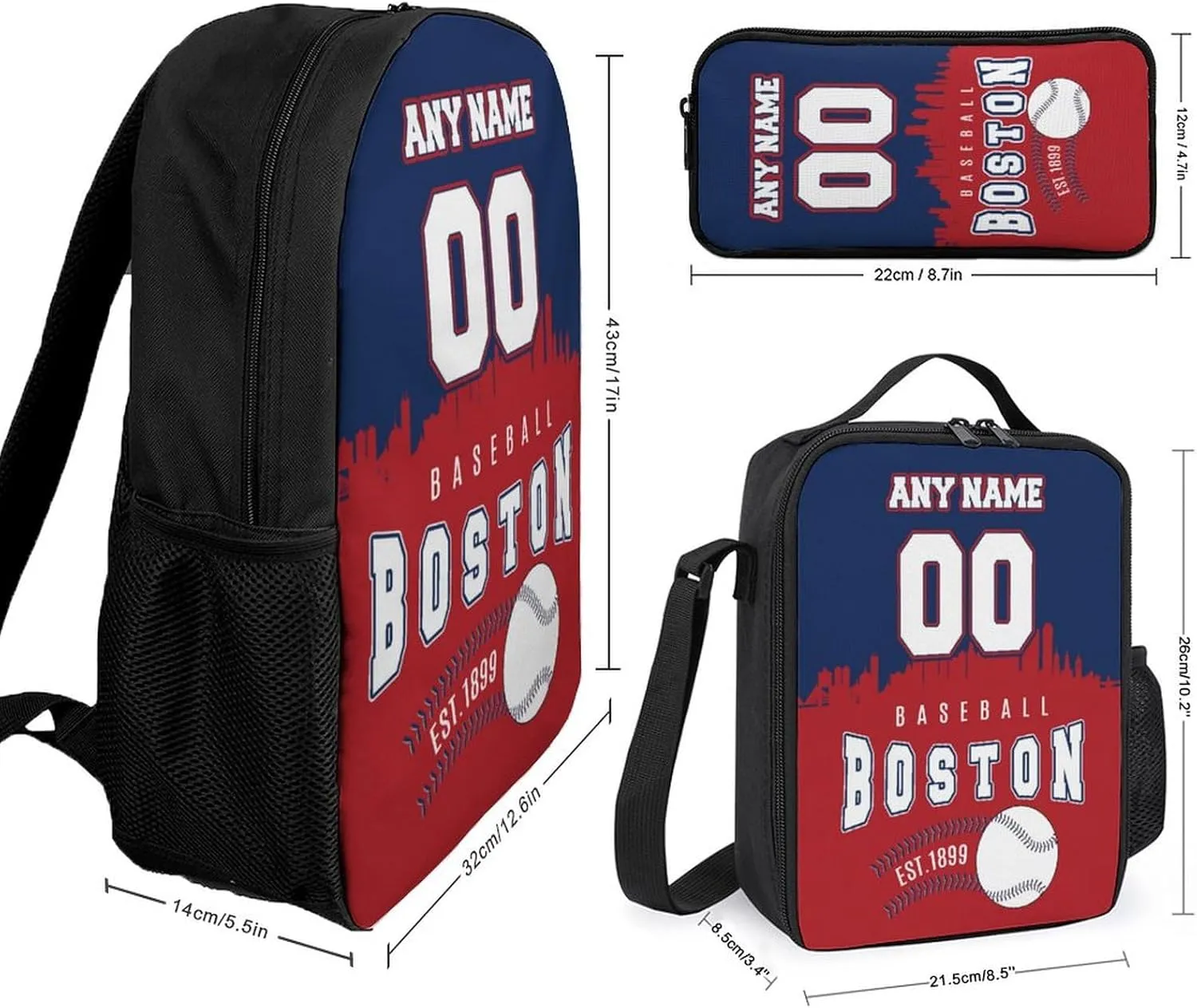 Custom Boston Backpack 3PCS 17 Inch Baseball Laptop Bag Lunch Bag Pencil Case Gifts for Boy Girl Men Women