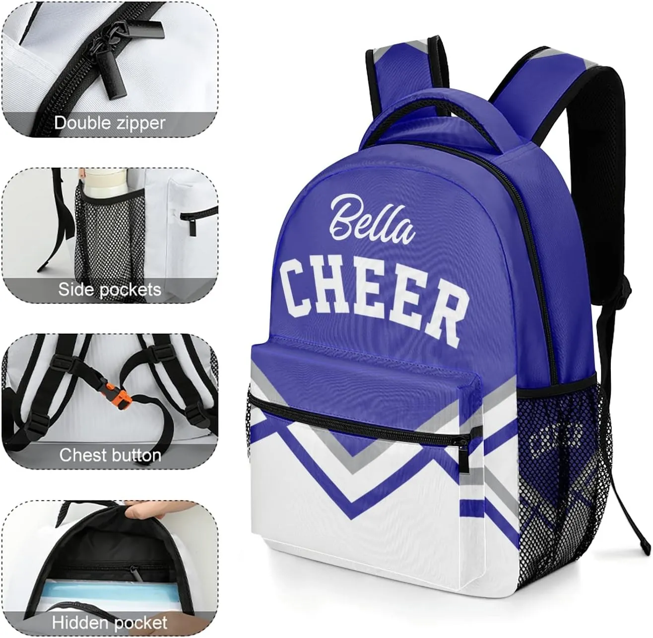 Custom Cheerleaders Blue White Backpack Personalized Name Causual Daypack for Sport Camping