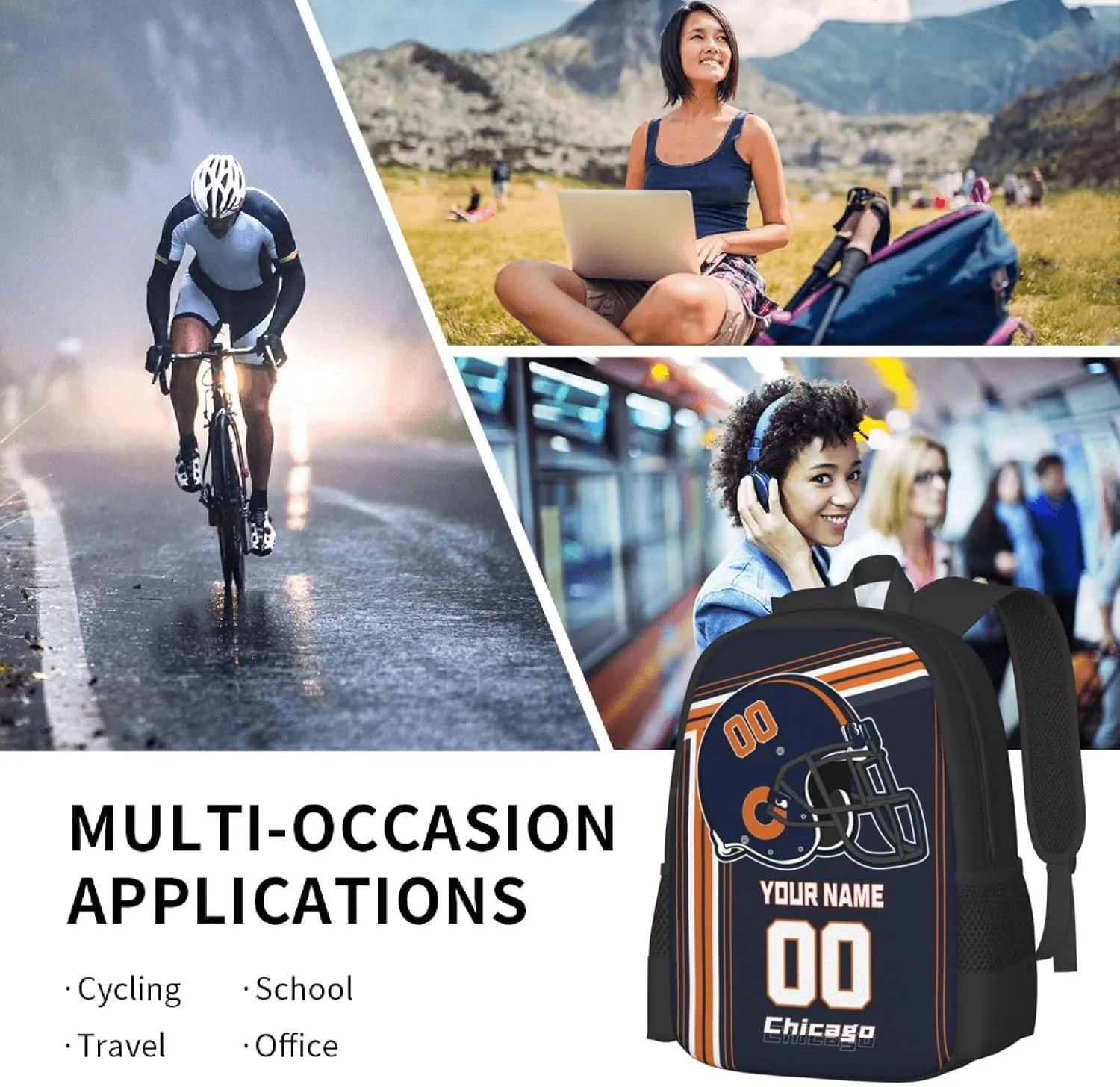Custom Chicago Backpack Personalized Name Number, Customize High Capacity Bookbag 17 Inch Laptop Bag Travel Backpack Gifts for Men Women Boys