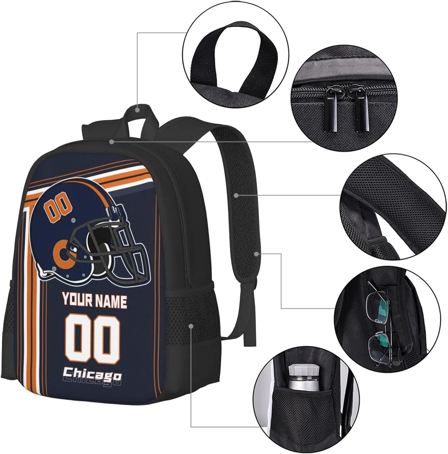 Custom Chicago Backpack Personalized Name Number, Customize High Capacity Bookbag 17 Inch Laptop Bag Travel Backpack Gifts for Men Women Boys