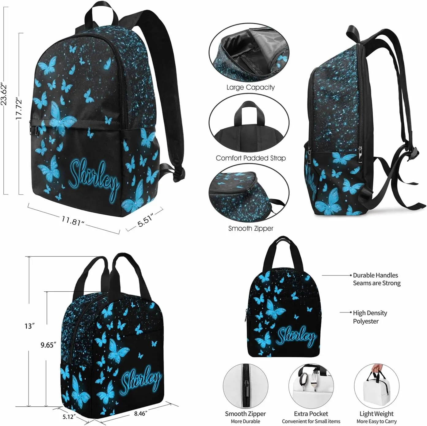 Custom Girls School Backpack, Personalized Kids Schoolbag Backpack and Lunch Bag Sets Customized Glitter Butterfly Bookbag Casual Daypack for Back to School Camping Travel