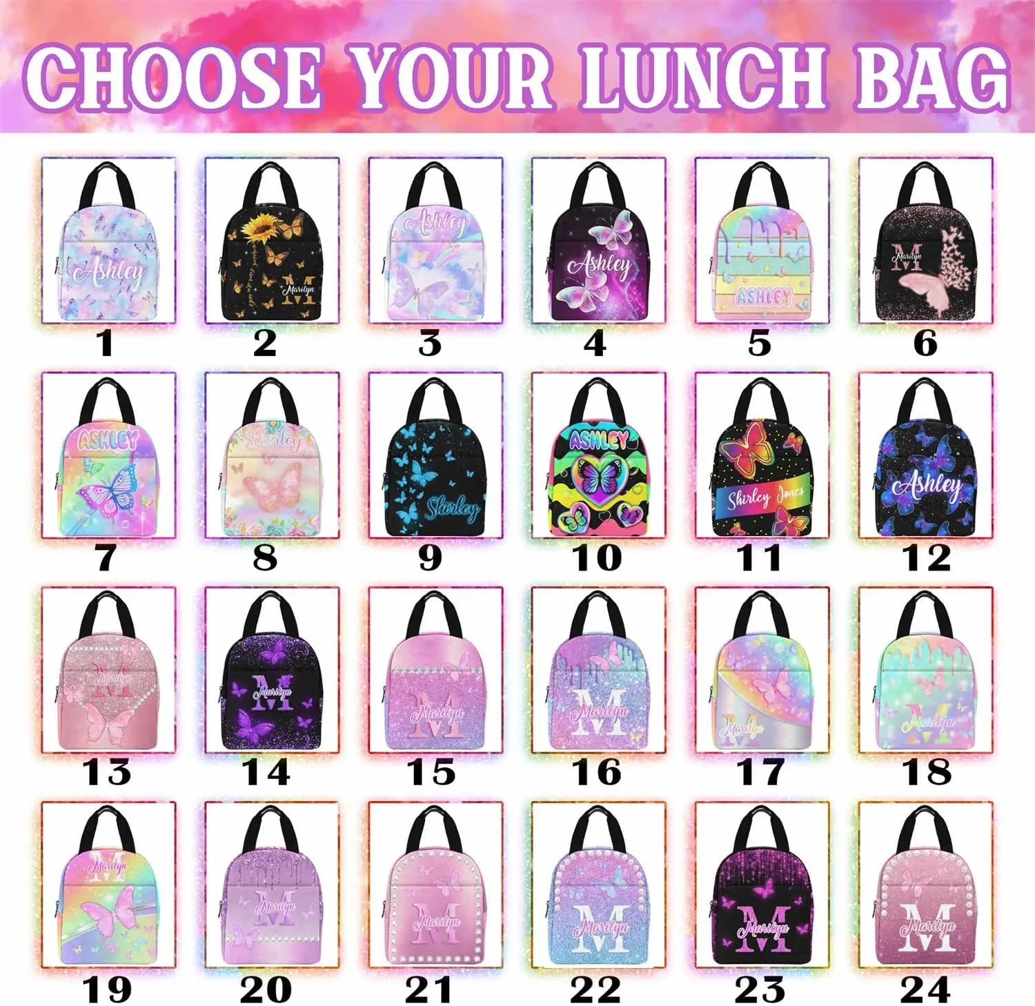 Custom Girls School Backpack, Personalized Kids Schoolbag Backpack and Lunch Bag Sets Customized Glitter Butterfly Bookbag Casual Daypack for Back to School Camping Travel