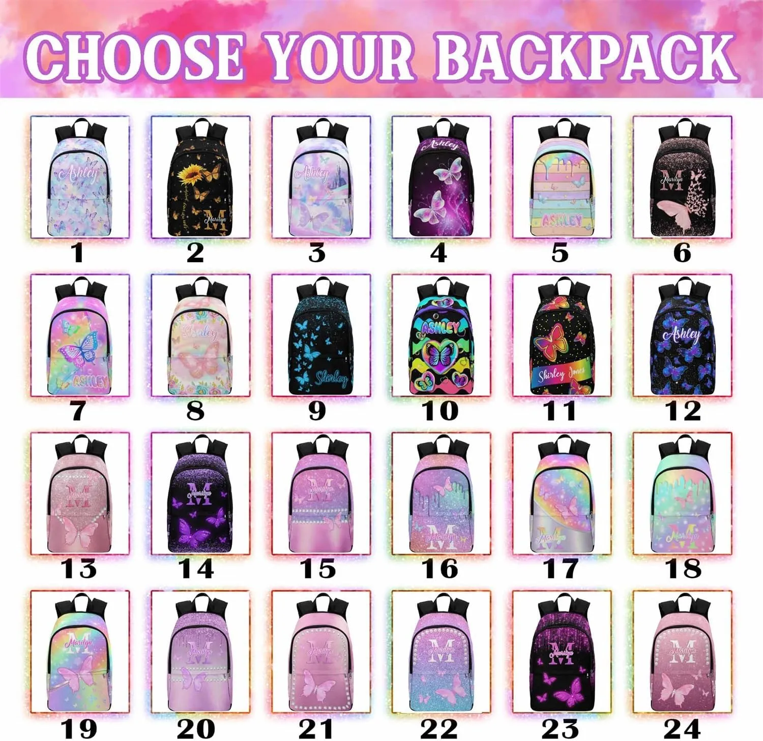 Custom Girls School Backpack, Personalized Kids Schoolbag Backpack and Lunch Bag Sets Customized Glitter Butterfly Bookbag Casual Daypack for Back to School Camping Travel