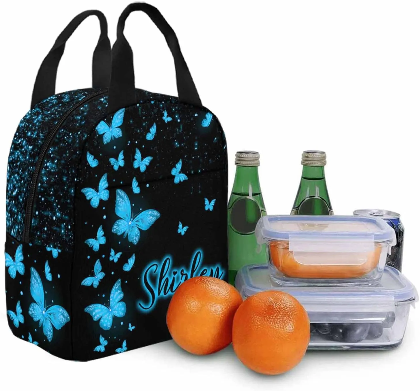 Custom Girls School Backpack, Personalized Kids Schoolbag Backpack and Lunch Bag Sets Customized Glitter Butterfly Bookbag Casual Daypack for Back to School Camping Travel