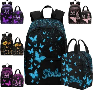 Custom Girls School Backpack, Personalized Kids Schoolbag Backpack and Lunch Bag Sets Customized Glitter Butterfly Bookbag Casual Daypack for Back to School Camping Travel