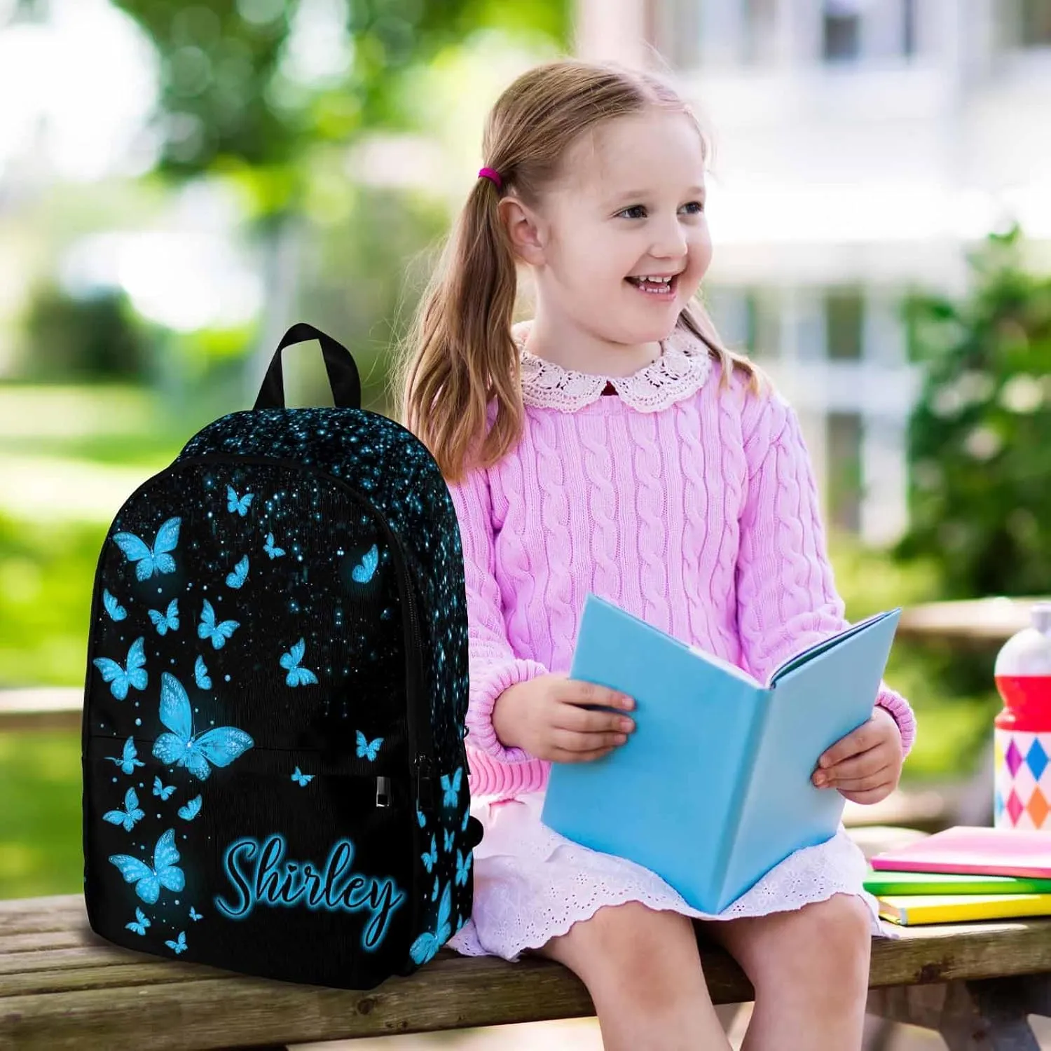 Custom Girls School Backpack, Personalized Kids Schoolbag Backpack and Lunch Bag Sets Customized Glitter Butterfly Bookbag Casual Daypack for Back to School Camping Travel