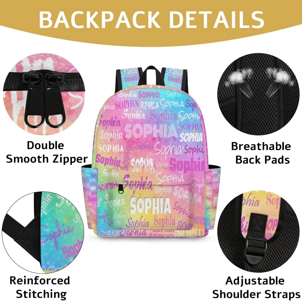 Custom Kid's Name Backpack, Toddler Backpack for Daycare Travel School, Personalized Name Bookbags for Boys Girls Colorful Pink Watercolor