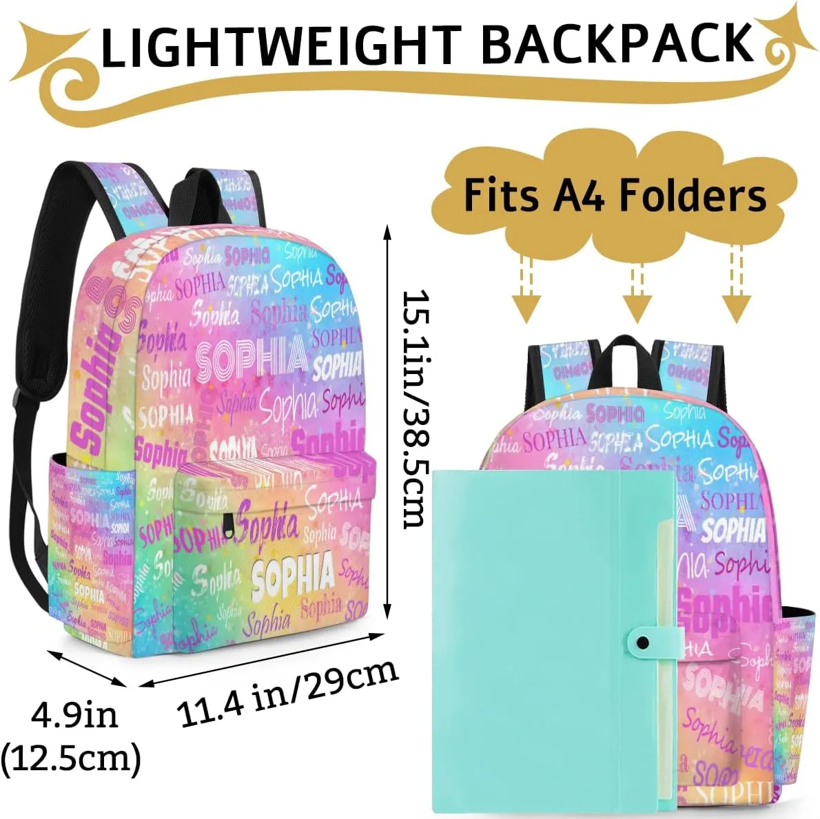 Custom Kid's Name Backpack, Toddler Backpack for Daycare Travel School, Personalized Name Bookbags for Boys Girls Colorful Pink Watercolor