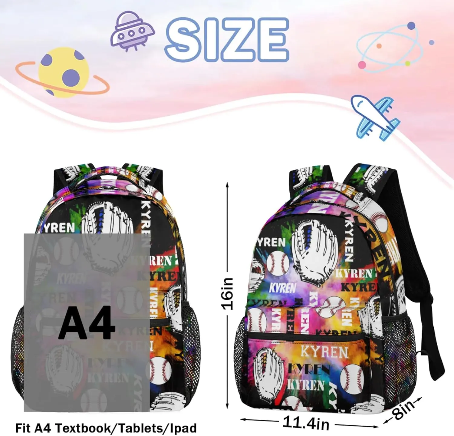 Custom Name Baseball Backpack for Men Women, Personalized Laptop Backpack with Name, Sports Bag Lightweight Daypack for Travel Camping, Black Colorful