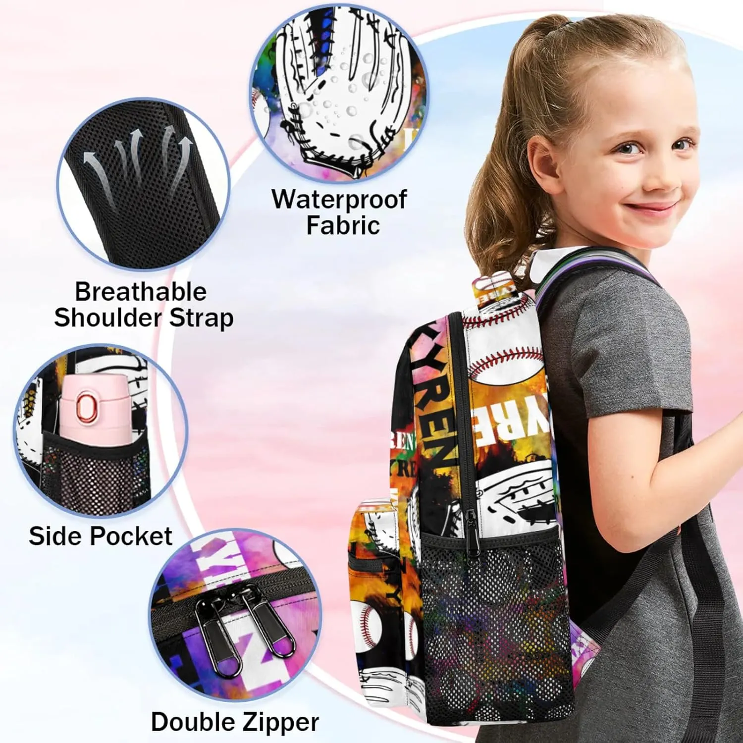 Custom Name Baseball Backpack for Men Women, Personalized Laptop Backpack with Name, Sports Bag Lightweight Daypack for Travel Camping, Black Colorful