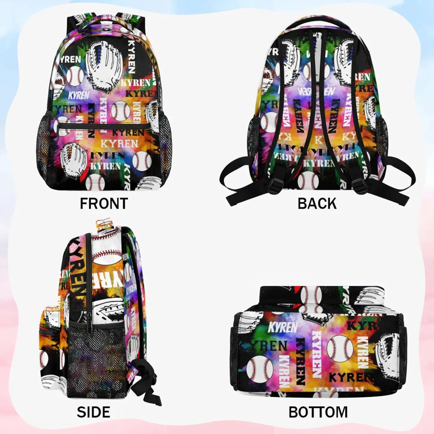 Custom Name Baseball Backpack for Men Women, Personalized Laptop Backpack with Name, Sports Bag Lightweight Daypack for Travel Camping, Black Colorful