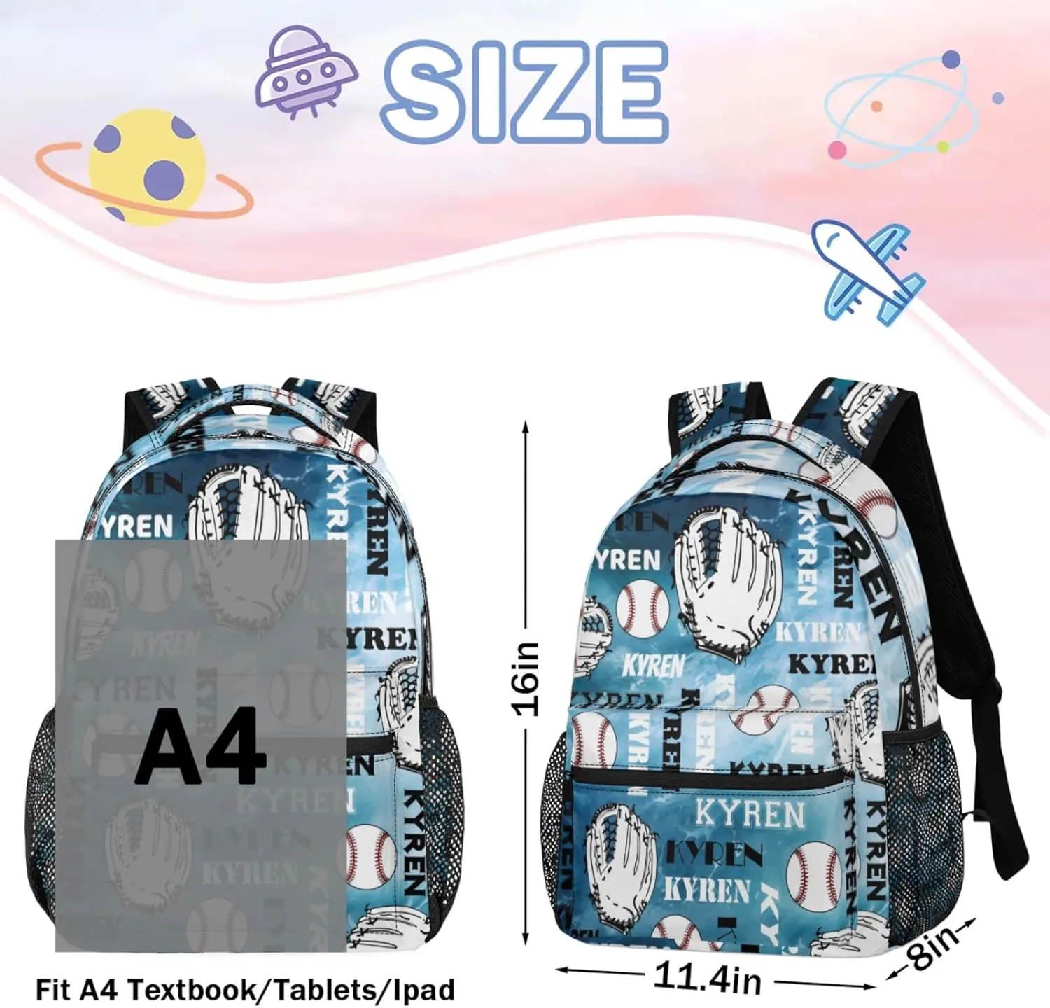 Custom Name Baseball Backpack for Men Women, Personalized Laptop Backpack with Name, Sports Bag Lightweight Daypack for Travel Camping, Blue Navy