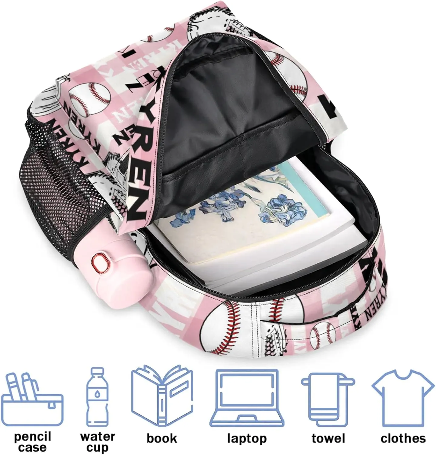 Custom Name Baseball Backpack for Men Women, Personalized Laptop Backpack with Name, Sports Bag Lightweight Daypack for Travel Camping, Checked Pinks