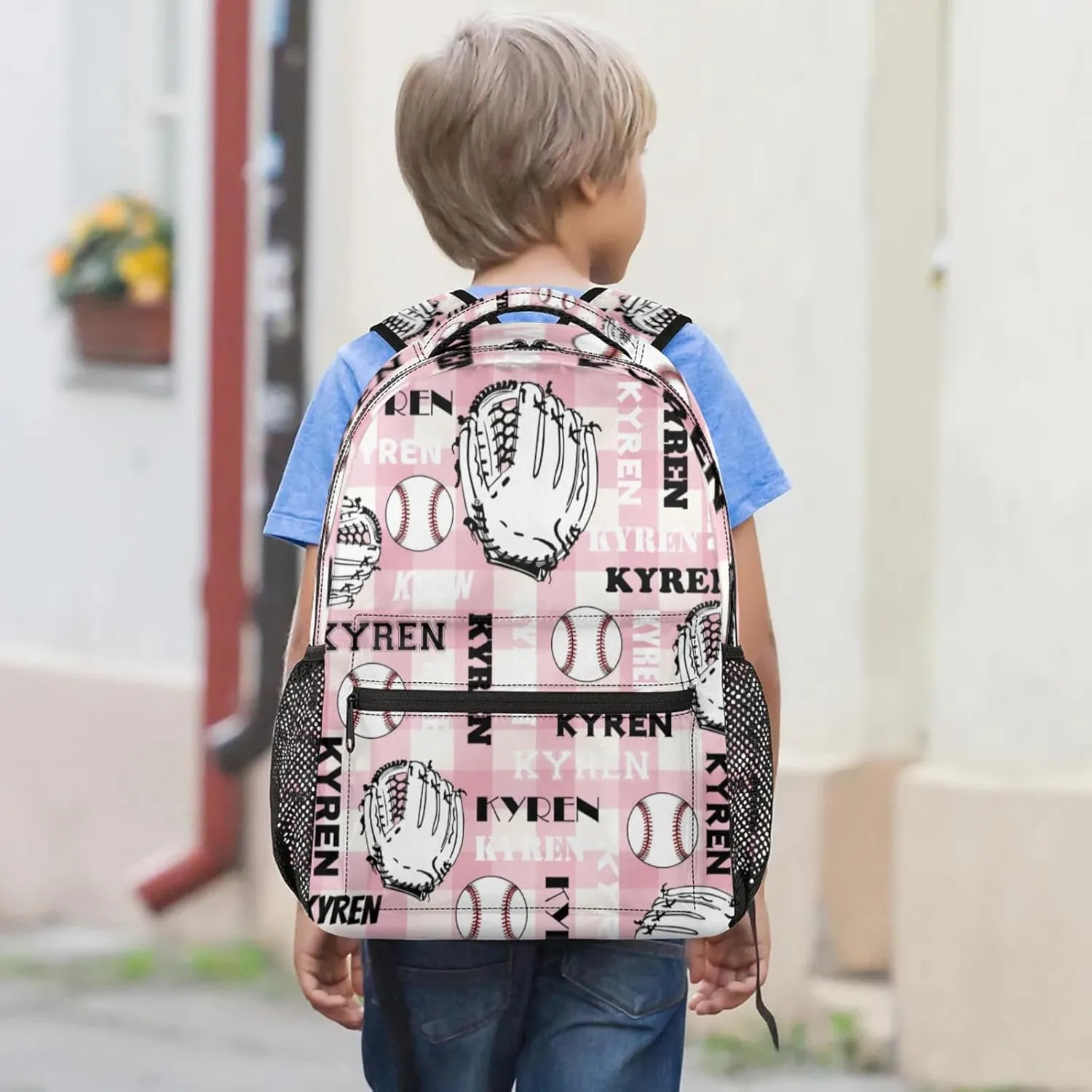 Custom Name Baseball Backpack for Men Women, Personalized Laptop Backpack with Name, Sports Bag Lightweight Daypack for Travel Camping, Checked Pinks