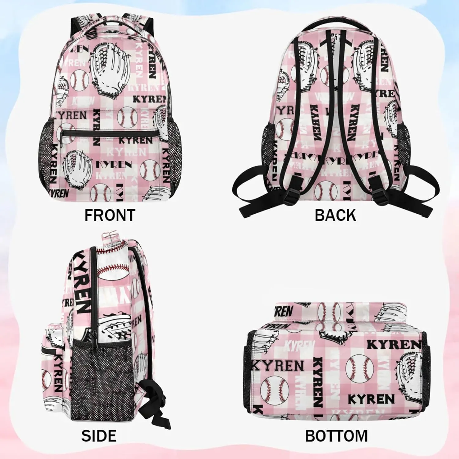 Custom Name Baseball Backpack for Men Women, Personalized Laptop Backpack with Name, Sports Bag Lightweight Daypack for Travel Camping, Checked Pinks