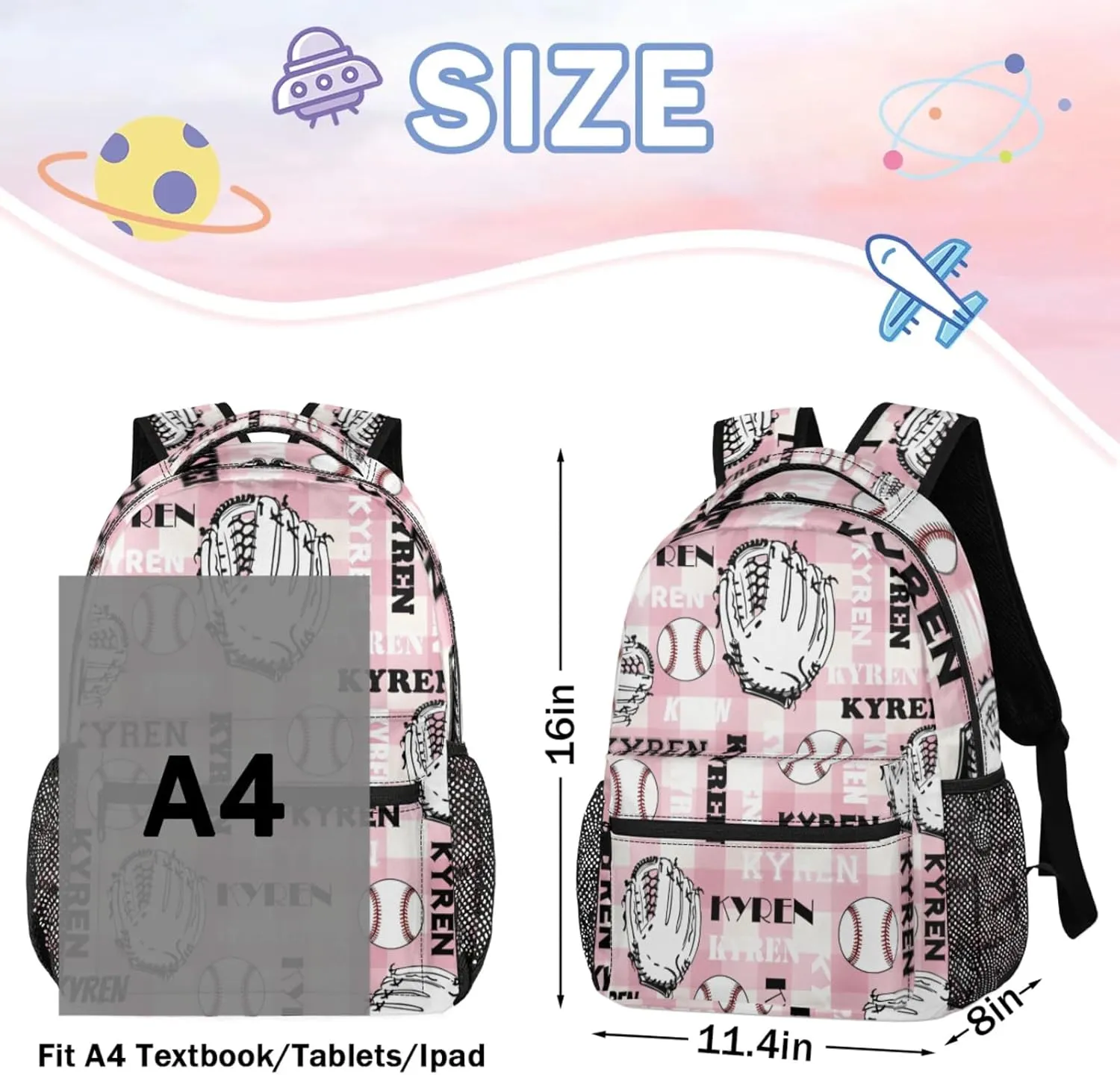 Custom Name Baseball Backpack for Men Women, Personalized Laptop Backpack with Name, Sports Bag Lightweight Daypack for Travel Camping, Checked Pinks