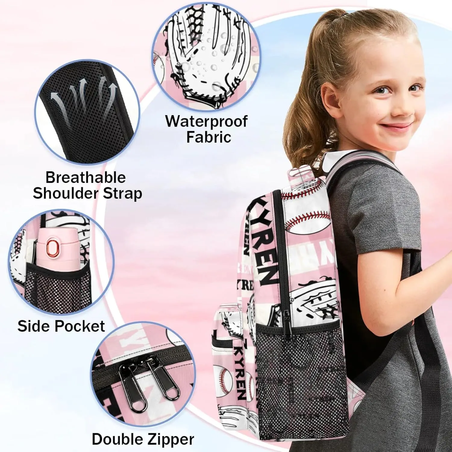 Custom Name Baseball Backpack for Men Women, Personalized Laptop Backpack with Name, Sports Bag Lightweight Daypack for Travel Camping, Checked Pinks