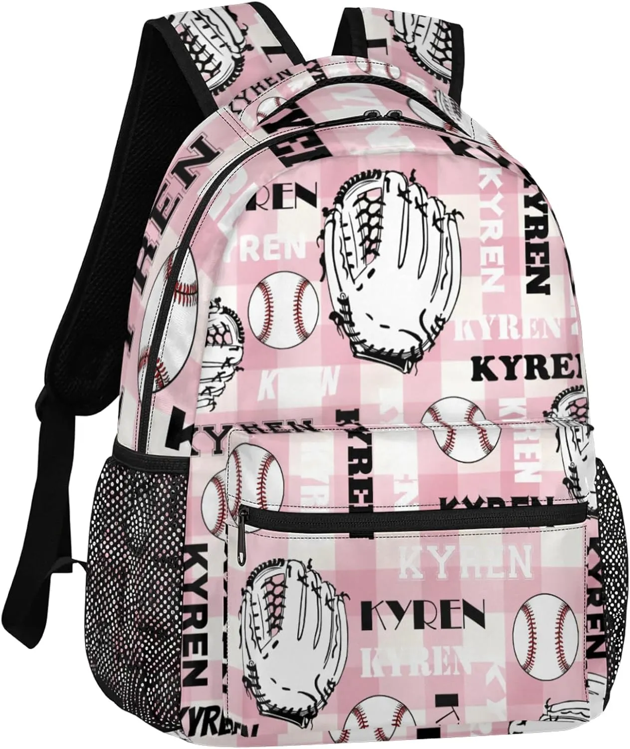 Custom Name Baseball Backpack for Men Women, Personalized Laptop Backpack with Name, Sports Bag Lightweight Daypack for Travel Camping, Checked Pinks